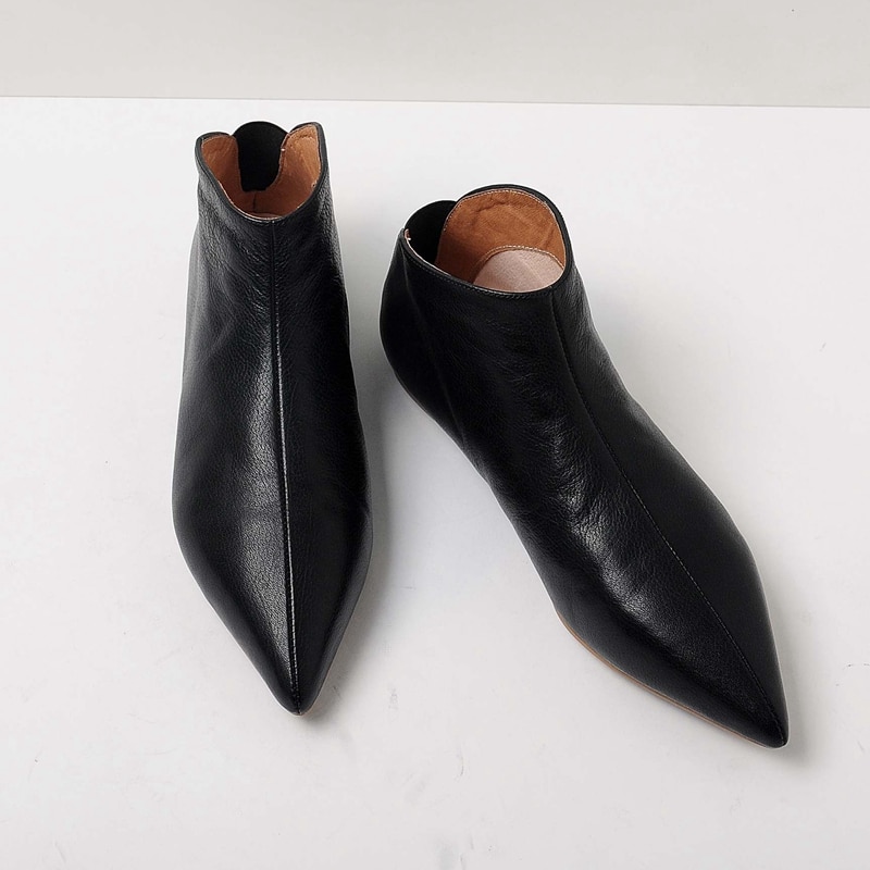 Pointed Toe Slip-On Ankle Boot Flats with Full Grain Genuine Leather ...