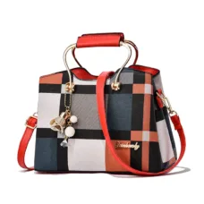 Vegan Leather Plaid Charm Tote 18