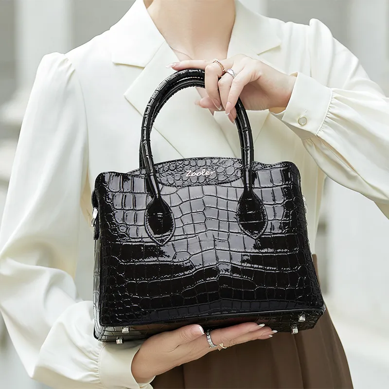 Genuine Leather Glossy Croco Embossed Tote 1