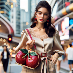 Young stylish lady carrying a cherry handbag and the lively, urban backdrop, highlighting the unique and whimsical cherry-shaped handbag.