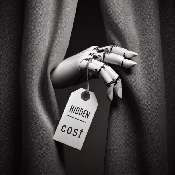 A robot hand peeking out of a curtain with a price tag hanging from it's hand stating "Hidden Cost".