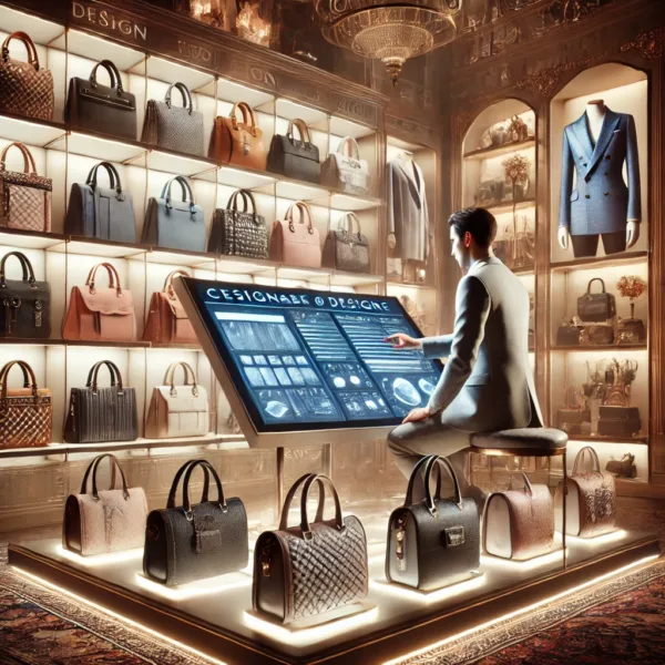 Customizing handbags in a handbag shop using a computer.